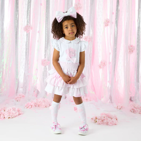 Conjunto Saia Folhos Rosa + T-shirt