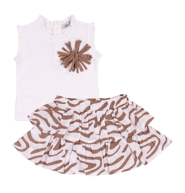 Conjunto Saia  + T-shirt Branca Flor Castanha