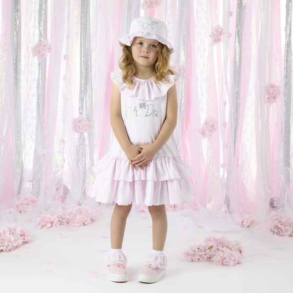 Vestido Folhos Riscas Rosa