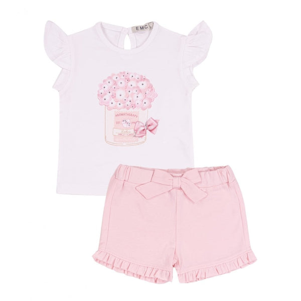 Conjunto Calção Rosa + T-shirt Flores